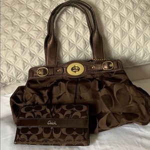 Coach canvas and leather brown bag with wallet